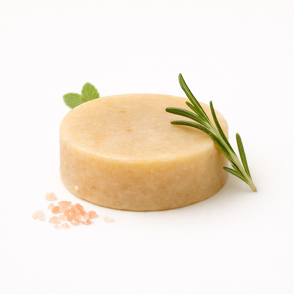 Spa-tvål Havssalt & SpaMint — handgjord rund tvål på trä med ljus ton