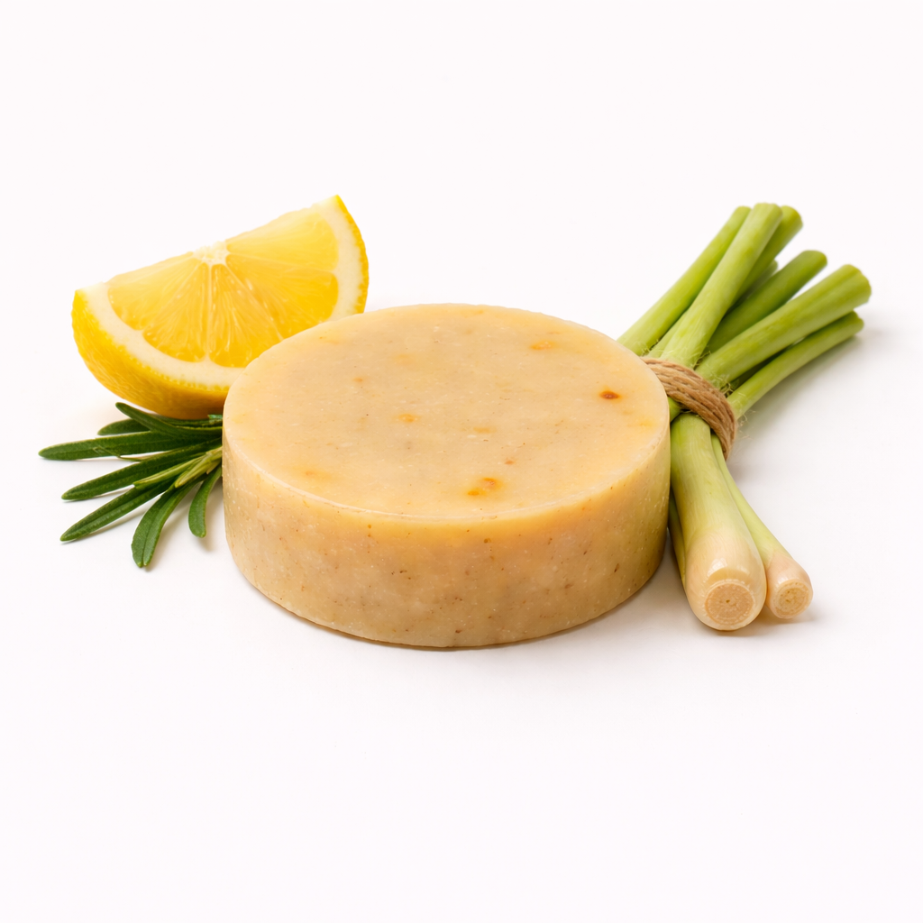 Ängsbris – Citron · Lemongrass · Cypress — handgjord rund tvål på ljus sten