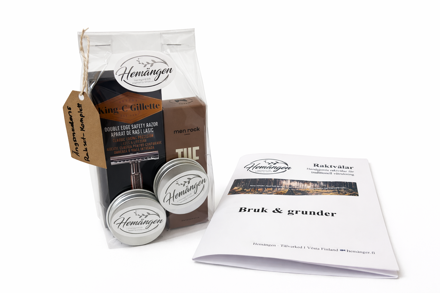 Ängsmedens rakset med två raktvålar och rakborste