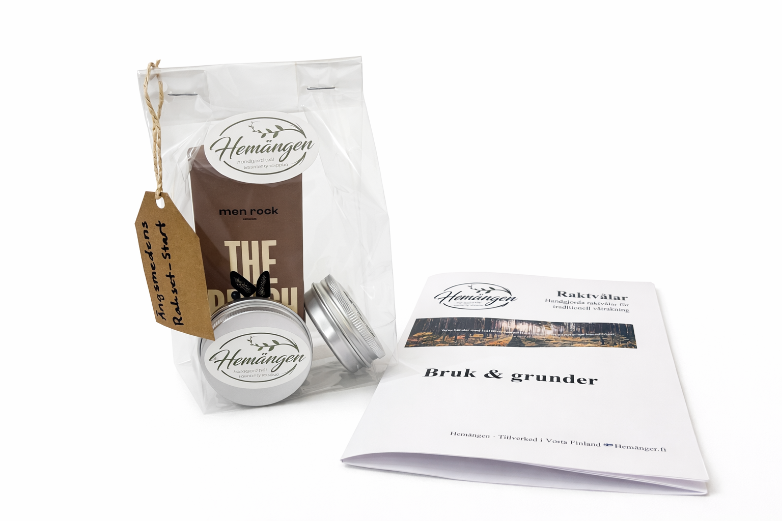 Ängsmedens rakset med två raktvålar och rakborste